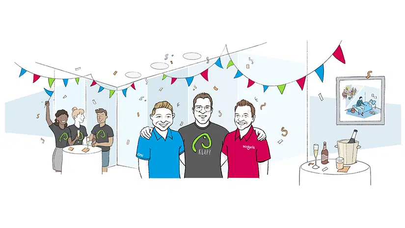 Das Bild zeigt Patrick Siegenthaler (Leiter Markt CMI), Elias Schibli (Mitgründer Klapp) und Patrick Schweizer (Leiter Sales & Business Scolaris).